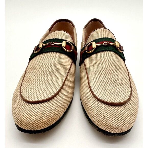 Gucci Brixton Beige Canvas Horsebit Buckle Loafers Web Stripe Flats EU 37 US 7 - Picture 3 of 12
